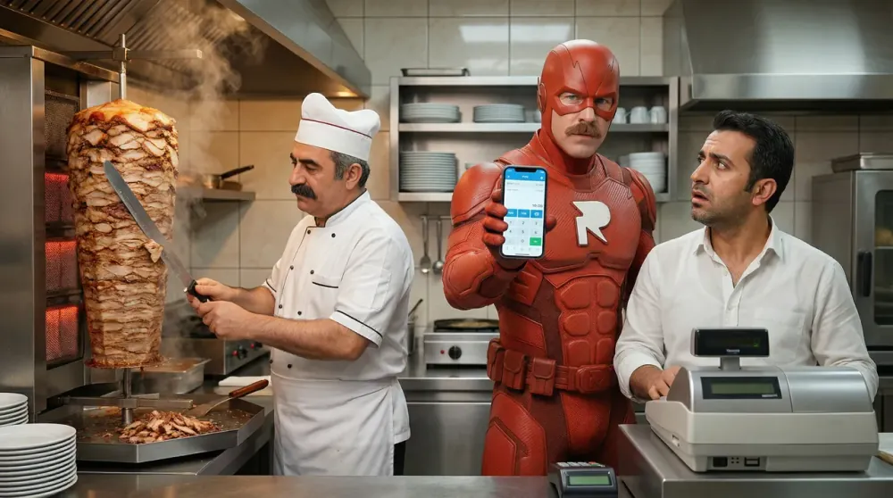 RestaPOS kahramanı bir restoran mutfağında işletmeciye RestaPOS uygulamasını gösteriyor